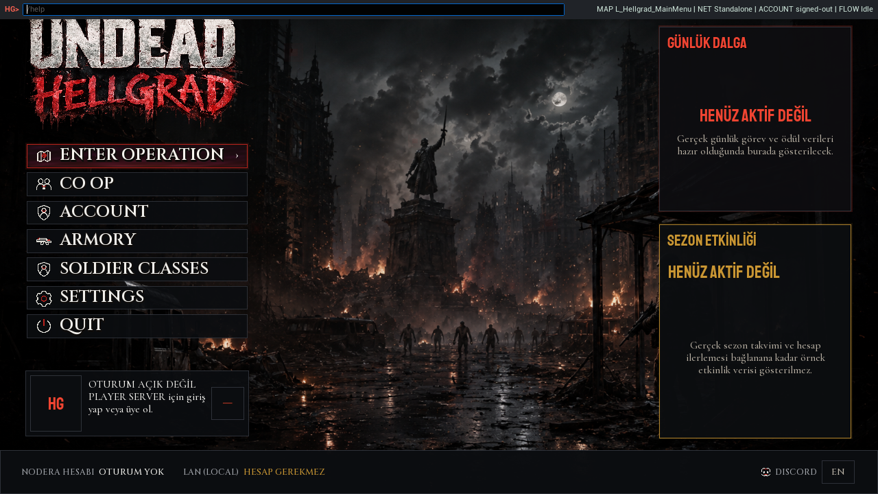 Undead Hellgrad 0.2.20 Shipping menüsünde açık tek satırlık HG komut konsolu